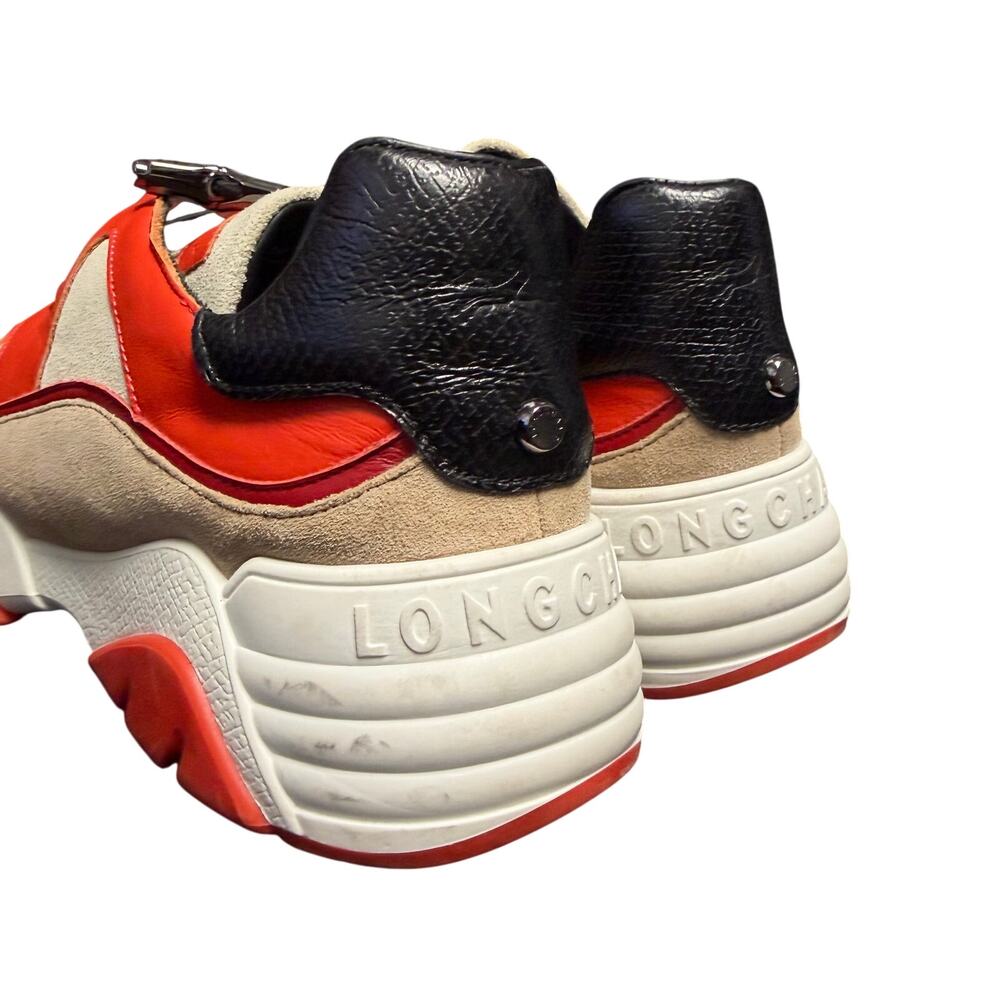Longchamp Orange Red Tan Leather & Suede Sneakers - Picture 6 of 11